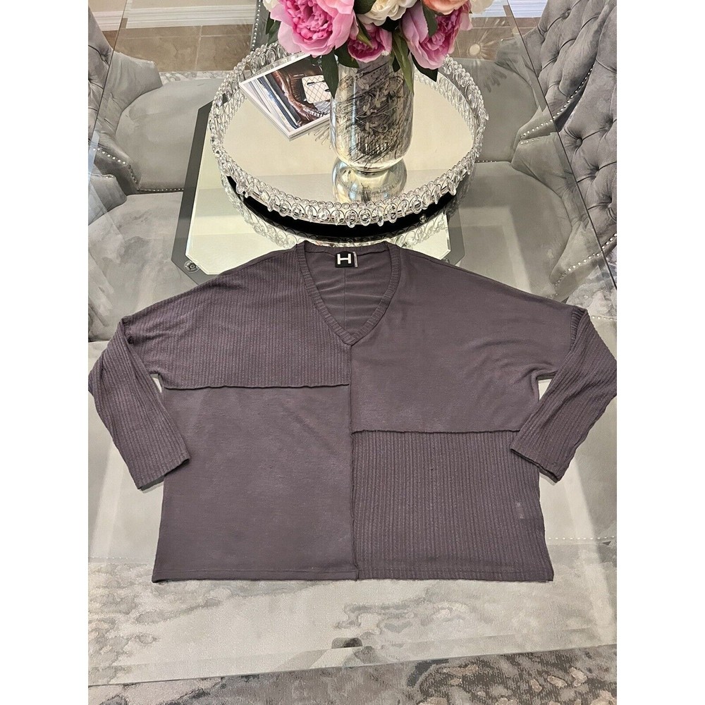 H by Bordeaux Women’s Light V-Neck Mixed Texture Pullover Purple‎ XL